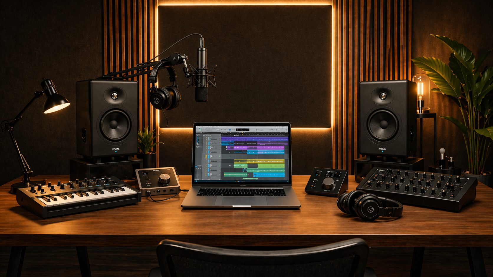 Estudio de producción musical profesional con todo el equipo típico